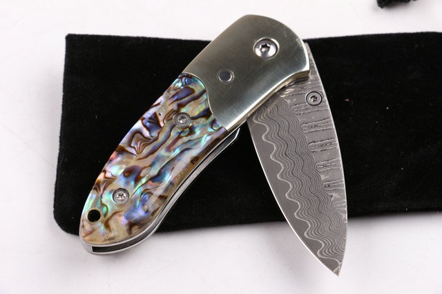 Damascus Small abalone pure copper folding knife UD403386